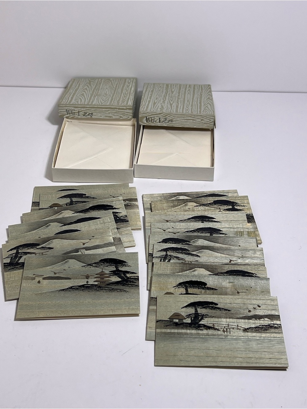VTG Handpainted Japan Fujiyoshida Mountain Temple Pagoda Bamboo Wood Notecards